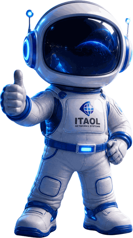 Mascote da Itaol: astronauta de traje branco e azul com a logo da Itaol no peito, fazendo sinal de positivo